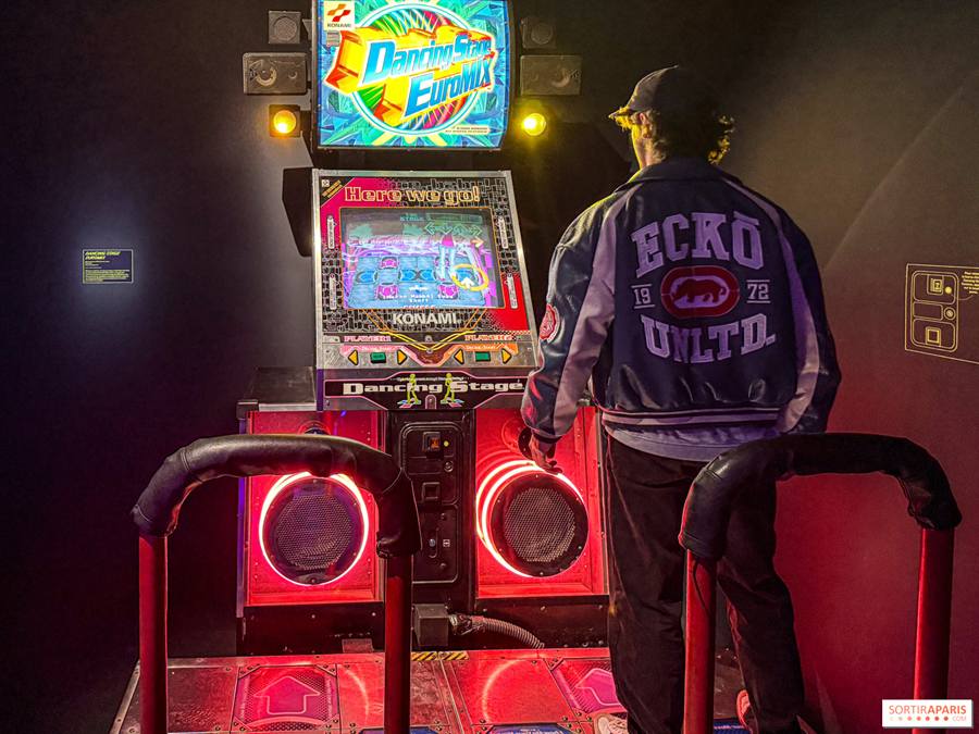Borne d'arcade Dancing Stage EuroMix éclairée au néon rouge